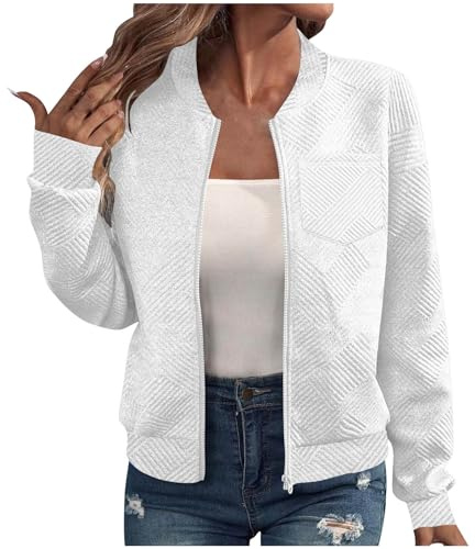 KOG Bomberjacke Damen Herbstjacke Mode Wintermantel Bikerjacke Einfarbig Oberteil übergangsjacke Warmes Hemdjacke Warme Kapuzenmantel Teenager Daunenmantel Laufjacke Dufflecoat Weiß L