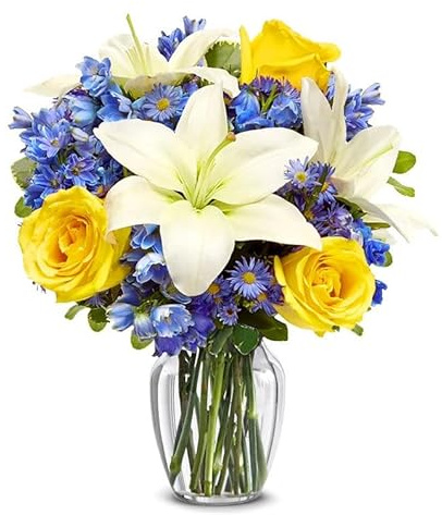 From You Flowers Rosy Sunshine White Lily & Yellow Rose Bouquet in Glass Vase - Fresh Flowers Delivered for Birthday, Get Well & Congratulations
