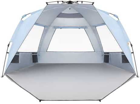 Easthills Outdoors Instant Shader Enhanced Deluxe XL Beach Tent Easy Setup 4-6 Person Popup Sun Shelter 99 Wide for Family UPF 50+ Double Silver Coating with Extended Zippered Porch Sky Blue