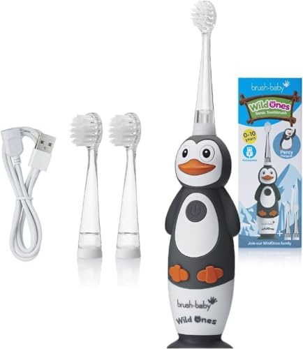 Brush-Baby - Kids Rechargeable Electric Toothbrush, 0-10 Years - WildOnes, Penguin Design with Flashing Lights - DeepClean Bristles for Superior Clean - 2X Replacement Heads, 1x USB Cable