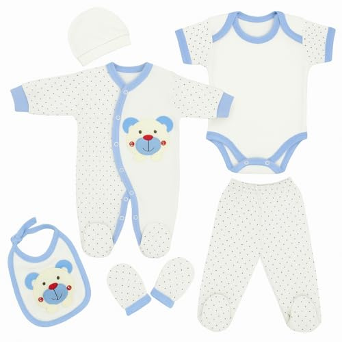 Blue Eyes nyfödd baby presentset unisex | 6 delar första kläder & babyutrustning + bomullsväska | 100 % naturlig OEKO‑TEX® bomull | spädbarn 0–4 månader | present till babyshower & dop (blå)