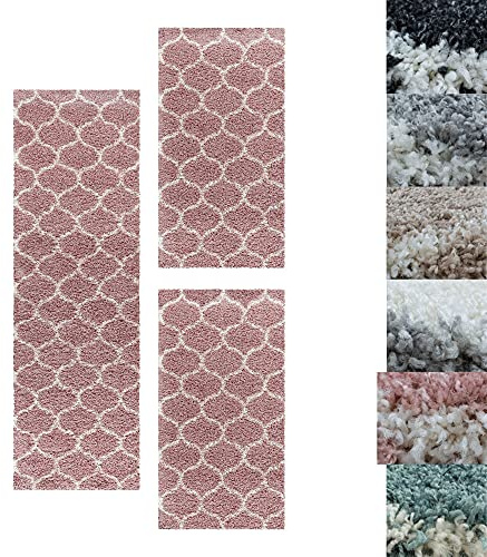 SIMPEX Set di tappeti Shaggy Tappeto Camera da Letto Design Tile Jacquard 3 Parti, Colore:Rosa, Bettset:2x80x150+1x80x250