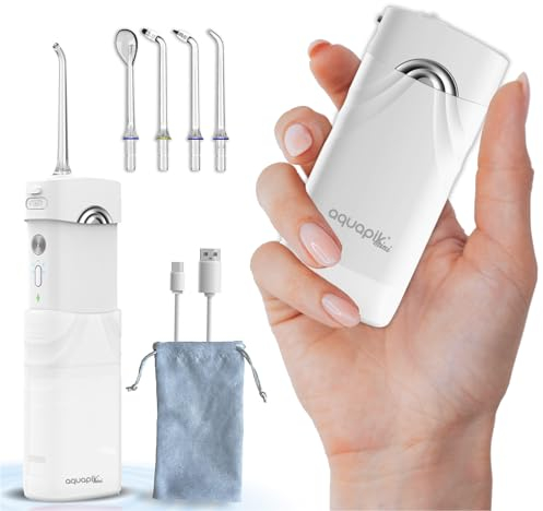 Kabellose tragbare Munddusche | Aquapik® Mini | Portable Water Flosser, IPX7 wasserdicht, 1200 Impulses/min (40–140 PSI), 21 Tage Akku (1100 mAh), 4 Düsen (Implantate & Zahnspangen) (Weiß)