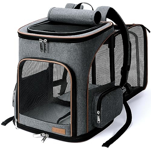 Lekesky Expandable Cat Carrier Backpack - Portable Breathable Rucksack for Medium and Small Cats & Dogs, Foldable with Inner Escape-proof Leash and Pet Mat, Supports 25 lbs (Grey)