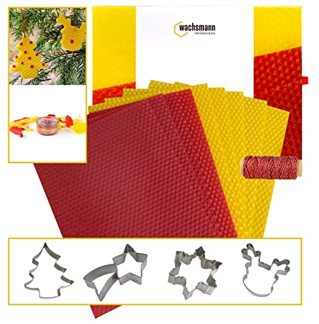 Wachsmann Bienenwachs Bastelset Weihnachten - 4 in 1: Weihnachts-Deko Natur Geschenkanhänger, Weihnachtsbaum-Schmuck, Kerzen gießen & Plätzchen backen