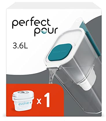 Aqua Optima Perfect Pour Wasserfilterkanne & 1 x 30 Tage Evolve+ Wasserfilterkartusche, 3,6 Liter Fassungsvermögen, zur Reduzierung von Mikroplastik, Chlor, Kalk und Verunreinigungen, Blau