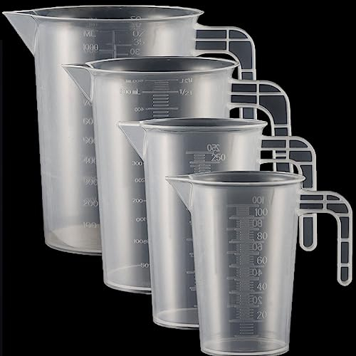 4 Stück Messbecher Kunststoff Set Mit Griff Gramm Skala 100ml+250ml+500ml+1000ml, Hitzebeständig Präzisions Messbecher für Waschmittel, Küche, Labor, die Autopflege Skala Lebensmittelecht Transparent