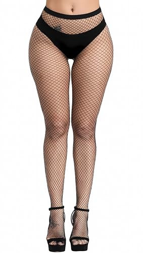 KLONKEE 1Paires Collant Résille Noir Femme, Bas Résille Femme, Taille Haute Élastique Filets de Pêche Bas Résille Cuisse