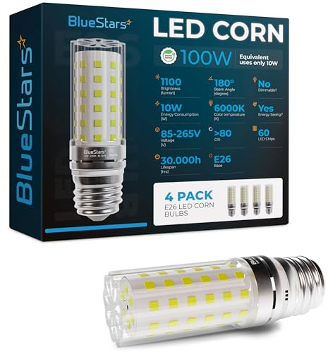 BlueStars 4-Pack 10W (100 Watt Equivalent) 1100 Lumens, 6000K Cool White, E26/E27 Medium Base, Non-Dimmable Tubular LED Corn Light Bulbs