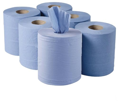 H-Line Blue Rolls Centrefeed 2 Ply Kitchen Towels Embossed Pattern Strong & Absorbent Paper Towel Tissue Roll Standard Household 300 Sheets Per Roll for Home Kitchen Office Warehouse(Pack of 6)