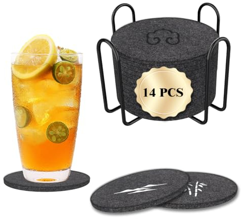 Ruayia Filz Untersetzer Rund für Gläser 14er Set mit Edelstahlständer, 2 Stück von jedem der 7 Stile, Glasuntersetzer rutschfest Hitzebeständig Edelstahlständer für Getränke, Tassen - 7 Stile - 14 er