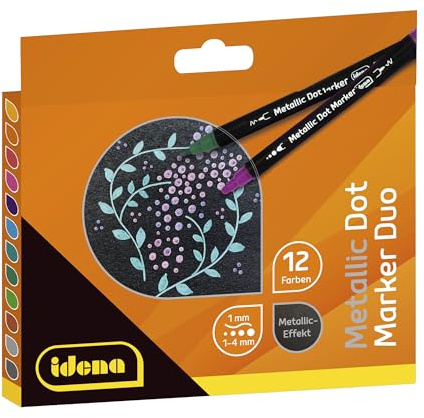 Idena 10855 Dot Marker with Double Tip, 12 Felt Tip Pens in Metallic Colours, Waterproof Pens for Many Surfaces