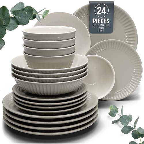 24-Piece Dinnerware Set Hygge Series - Bowl and Plate Set - Stoneware Dining Set for 6 People - Dishwasher and Microwave Safe - Grooved Dining Service in Light Brown