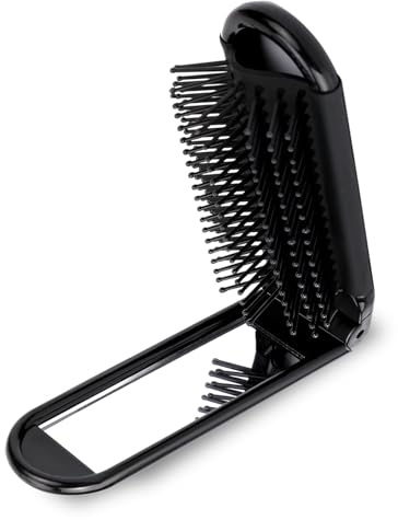 Folding Travel Hair Brush with Mirror, Small Foldable Comb Portable Compact Mini Hairbrush for Women, Men - Suitable for Car, Gym, Purse, Locker, Backpack, Cosmetic Bag