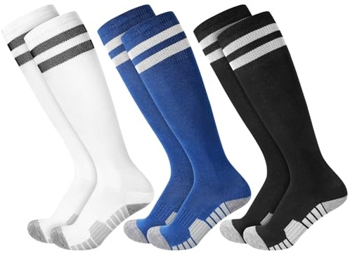 Zuimei 3 Pairs Kids Football Socks, Anti Slip Football Socks for Kids Boys Girls Long Athletic Soccer Sock Breathable Sports Training Running Hockey Rugby Sock for Aged 5-12, Black White Blue