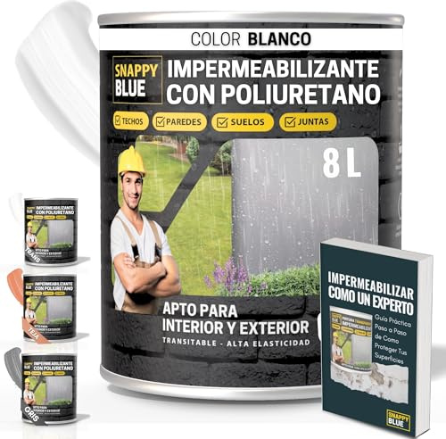 [8L] Revestimiento Sellador Impermeabilizante Híbrida con Poliuretano, Pintura Impermeable Definitivo Terrazas, Techos y Exteriores, Protección Fugas Goteras, Transparente + 3Colores (Blanco, 8 l)
