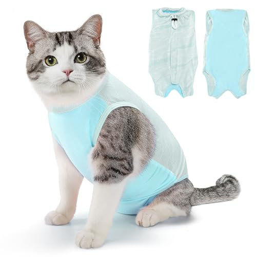 Eyein Katzenbody nach OP, Atmungsaktiver bequemer Erholungsanzug Anti-leckende Katzen-Operationsanzug mit Mesh Design für Katze Body Operation - Katzen Kätzchen E-Halsband Alternative (Hellblau, S)