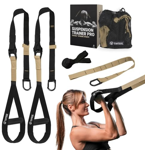 THYSOL® Resistance Trainer Pro Exercise Straps Army | Sling Trainer Set with Adjustable Door Anchor | Fitness Home Workouts - Suitable for Travelling & for Training Indoor & Outdoor (Beige)