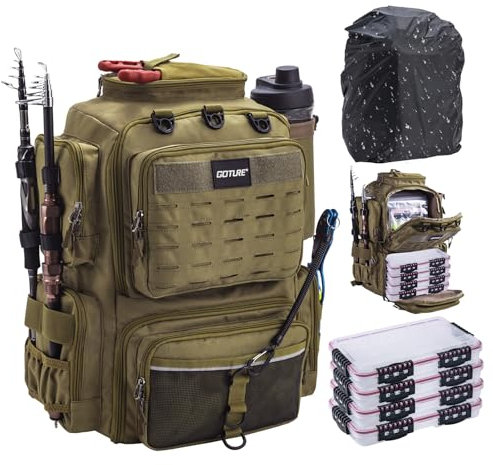 Goture Angelrucksack mit 4 Angelboxen, Angelausrüstungsrucksack mit Rutenhaltern, 45 l, 600D, große Angeltasche, Aufbewahrung, Angelausrüstung, Angelausrüstungstasche mit 8 Ködertaschen, Regenschutz