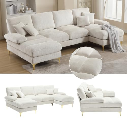 YESGIGA Modernes großes Chenille U-Shape Sektionssofa mit doppelten Liegesitzen für Wohnzimmer Schlafzimmer Büro Wohnung (Beige)