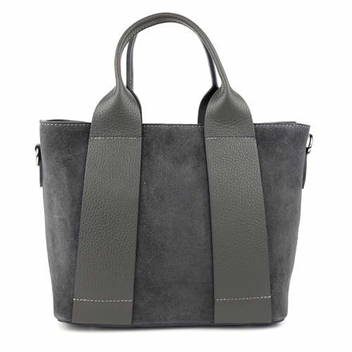 Made IN Italy Damen Echt Leder Tasche Business Shopper Wildleder Schultertasche Handtasche Umhängetasche Freizeittasche Ledertasche Grau