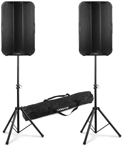 Vonyx VD715A - Juego de Altavoces Activos 1800W Bluetooth DSP, biamplificados con emparejamiento estéreo, Entrada de Micro, XLR y trípodes Ajustables con Bolsa de Transporte