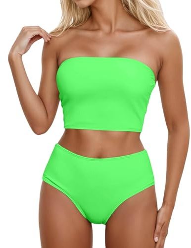 Maillot De Bain 2 Pieces Femme Bandeau Culotte Taille Haute Grande Taille Maillots Deux Pièces Femme sans Bretelles Ronde a la Mode Plage Océan Piscine Natation Sport Vacances (Vert, XL)