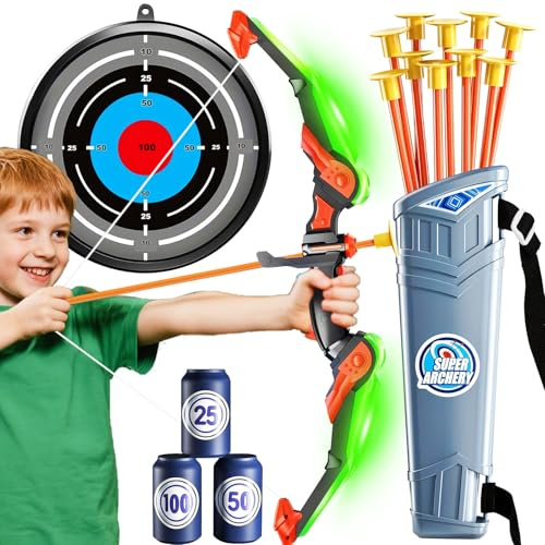 Set Arco e Frecce per Bambini, Giocattolo da Tiro con Luce LED con Frecce a Ventosa, Bersaglio, Faretra, Sport & Giochi All'aperto, Giocattolo Adatto a Bambini e Bambine dai 6 ai 12 Anni