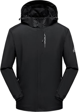 AMZSPORT Uomo Antipioggia Impermeabile Antivento con Cappuccio Leggera e Comprimibile Traspirante per Escursionismo,Corsa,Viaggi,Trekking,Nero M