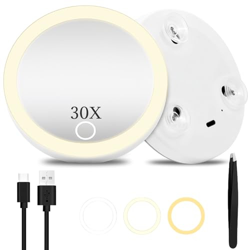 AMFUN 30X Magnifying Mirror, Magnifying Mirrors with Light, Small Magnifyed Mirrored with Suction Cup and Tweezers, Travel Makeup Mirroring with 3 Color Lights for Travel, Bathroom (White)