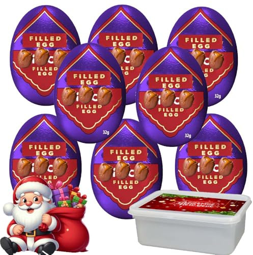 Milk Chocolate Egg with Caramelised Biscuit Filling 32g with Christmas Tub – Smooth and Creamy Easter Treat with Crunchy Pieces - bscf (8 x Eggs)