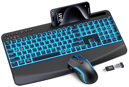 Wireless Keyboard and Mouse Combo,SABLUTE KM25Pro Rechargeable Backlit Ergonomic Keyboard with 4000mAh Battery, Wrist Rest and Phone Holder, Quiet for PC/Mac/Laptop/Windows/Chrome OS
