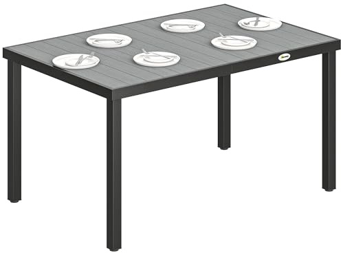 Outsunny Table de Jardin 4 à 6 Personnes Plateau à Lattes 140x90x74 cm Gris | Table à Manger Extérieure, Pieds en Acier, Idéale Terrasse, Balcon, Porche