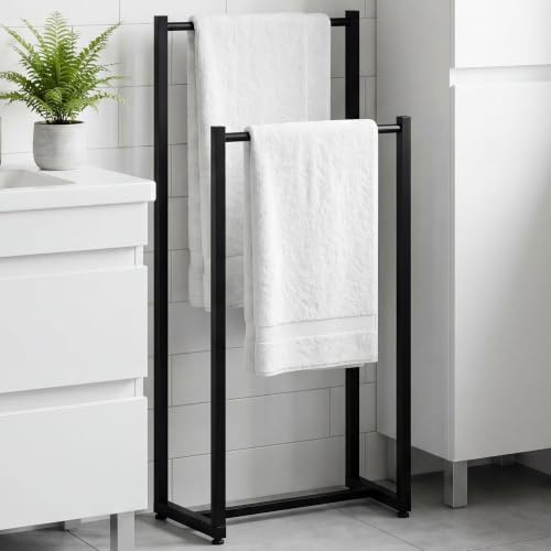CLP Toallero sin Taladro Taunton Toallero de baño metálico Independiente Soporte para Toallas Estrecho con Dos Barras | Color Negro