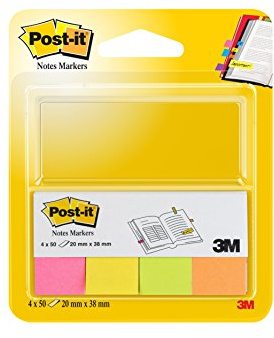 Post-it Page Markörer, olika neonfärger, 4 x 50 ark i fodral, 20 x 38 mm, neonrosa, gul, grön, orange – för dokument och viktig information