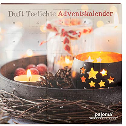 pajoma® Duftkerzen Duftteelichte Teelicht Adventskalender rot, 24 Teelichte in 6 versch. Sorten inkl. Teelichthalter