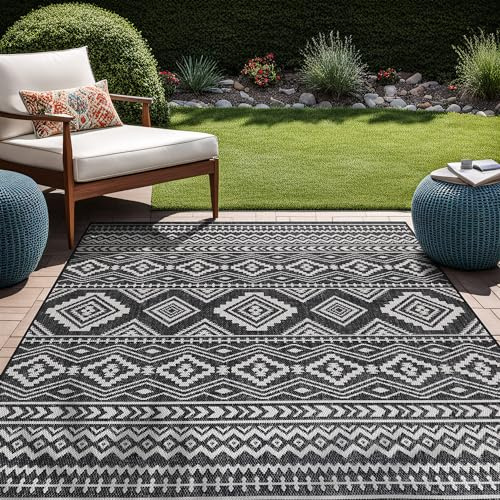 Beverly Rug Waikiki Boho Indoor Outdoor Rug 8x10, Washable Outside Carpet for Patio, Deck, Porch, Bohemian Area Rug, Farmhouse Rugs, Aztec Tribal Rug, Black and White