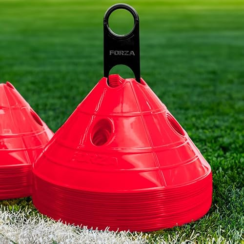 FORZA SuperCone Träningsmarkör kupoler – [välj din flurofärg] | 14 cm x 30 cm (H x B) | Förpackning med 20 sport-/fotbollsträningsutrustning | stora väderbeständiga PVC-koner (röd)