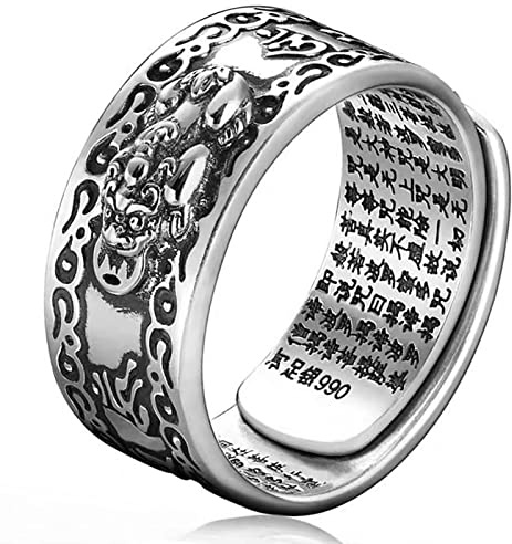 Kucheed Anillo Feng Shui PiXiu Mantra, Anillos de Dedo de Buena Suerte Budistas de Plata,Joyería MANI Amulet Mantra,Banda de Protección Riqueza Amor Salud,Regalo de Anillo Ajustable Abiertos (B)