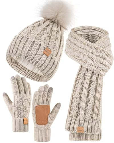 Winuesa Ensemble bonnet, écharpe et gants pour femme, bonnet d'hiver pour femme avec pompon doublé en polaire chaud, bonnet à pompons, gants pour écran tactile, écharpe, cache-cou, ensemble 3 en 1