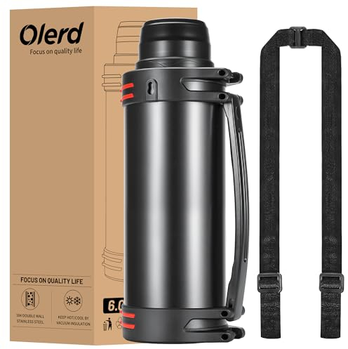 Olerd Thermosflasche Thermoskanne 6.0L, Isolierkanne Edelstahl Trinkflasche, Isolierflasche mit 2 Trinkbecher, Doppelwandisolierung Wasserflasche mit Schultergurt und Handle, 24h Heiß & Kalt(Schwarz)