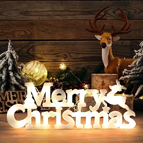 JOFONY Merry Christmas Sign LED Hanging Ornament Light Christmas Glowing Letter Sign for Xmas Tree Wall Door Fireplace Indoor Outdoor