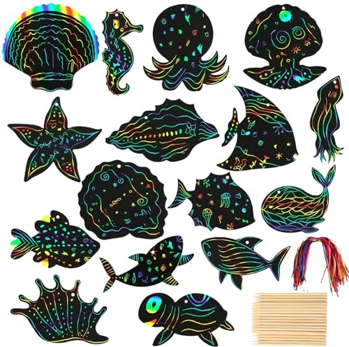 Kotkiddy® 16 Blätter Meerestiere kratzbilder für Kinder kratzpapier Regenbogen Scratch Art mit Holzstiften Seile DIY meerestiere Zeichnen Basteln