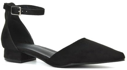 Women's Low Heel Point Toe Ankle Strap Court Shoes Ladies Black Faux Suede Wedding Dress Flat Pumps Size 6