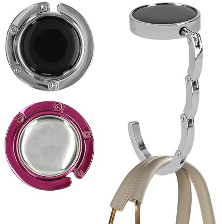 kwmobile Purse Hook for Table - Set of 2 Purse Holder - Folding Handbag Hanger - Portable Bag Holder - Bag Hooks for Desk - Table Hook Silver/Dark Pink