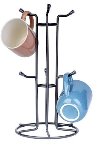 Homiu Arbre à Tasses en Métal Noir - 6 Crochets pour Grandes Tasses - Porte-Tasses Robuste sur Pied pour Cuisine