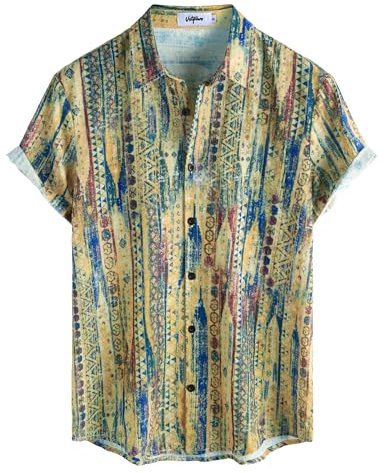 VATPAVE Mens Short Sleeve Button Down Shirts Summer Shirt XXL Yellow Blue