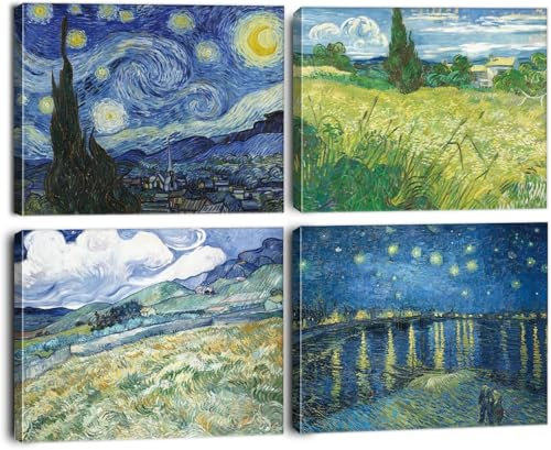 BINCUE 4PCS Vincent Van Gogh Deko,Van Gogh Wandkunst,Sternennacht Wandkunst auf Leinwand Wandbild,Abstrakte Landschaft Bilder für Wohnzimmer Schlafzimmer Deko,Blau Impressionismus Wanddeko 30x40cm