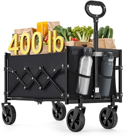 SONGMICS Small Collapsible Wagon with 400 lb Dynamic Weight Capacity, Foldable Wagon Cart, Folding Camp Cart with Wheels, for Outdoor, Yard, 90 L, Ink Black UGFW909B01