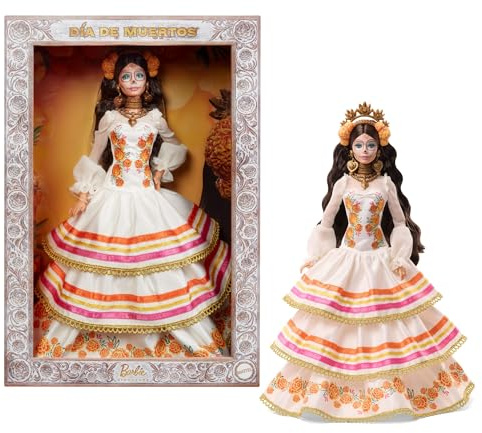 Barbie Signature Muñeca de Día de Muertos 2025 Coleccionable con Vestido de Color Crema con Volantes Adornado con caléndulas y Lazo, Corona de Flores y Maquillaje de Calavera en la Cara, JBJ05